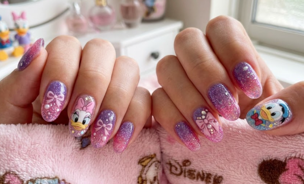 Daisy Duck inspired pink and purple glitter nail art featuring bows, sparkle effects, and a feminine cartoon style.