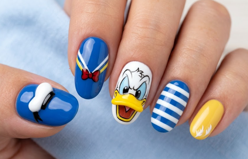 Donald Duck inspired nail art with blue sailor details, yellow beak accents, and a cute angry cartoon expression.