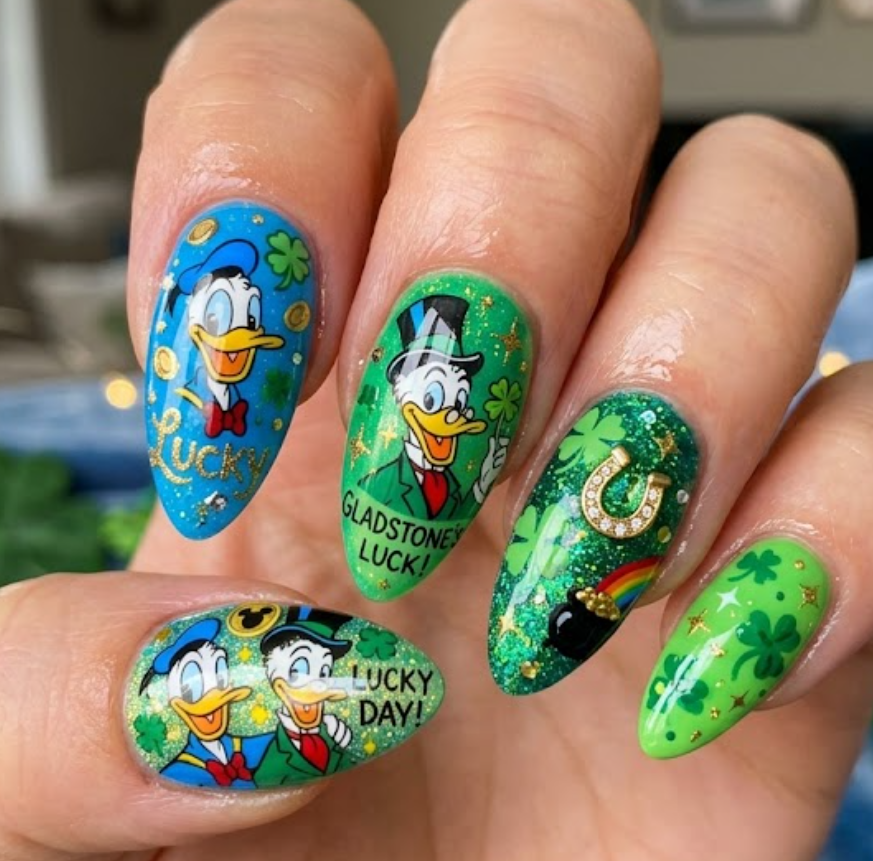 Gladstone Gander inspired green nail art with lucky clovers, sparkle accents, and cheerful cartoon details.