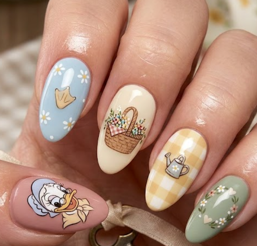 Grandma Duck inspired pastel nail design with floral accents, cozy farmhouse details, and soft colors.