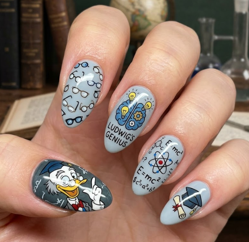 Ludwig Von Drake inspired science-themed nail art with glasses, brain icons, and educational doodles.