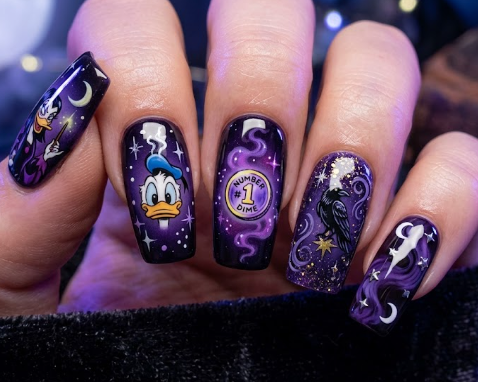 Magica De Spell inspired purple nail art with moons, stars, magical smoke, and mystical cartoon effects.