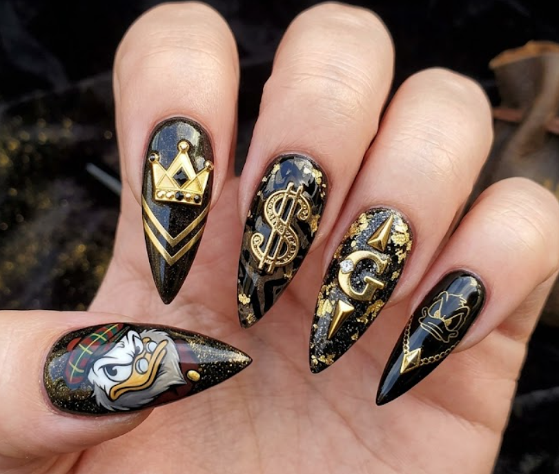 Flintheart Glomgold inspired black and gold nail design with luxury accents and villain-themed details.