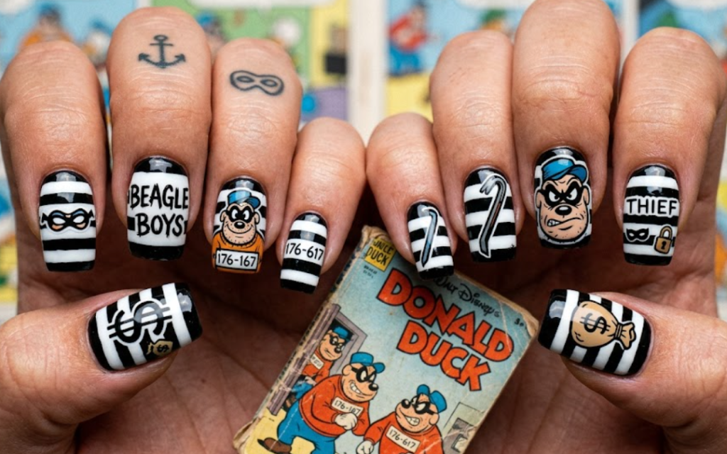 Beagle Boys inspired nail art featuring prison stripes, thief icons, and comic-style cartoon graphics.