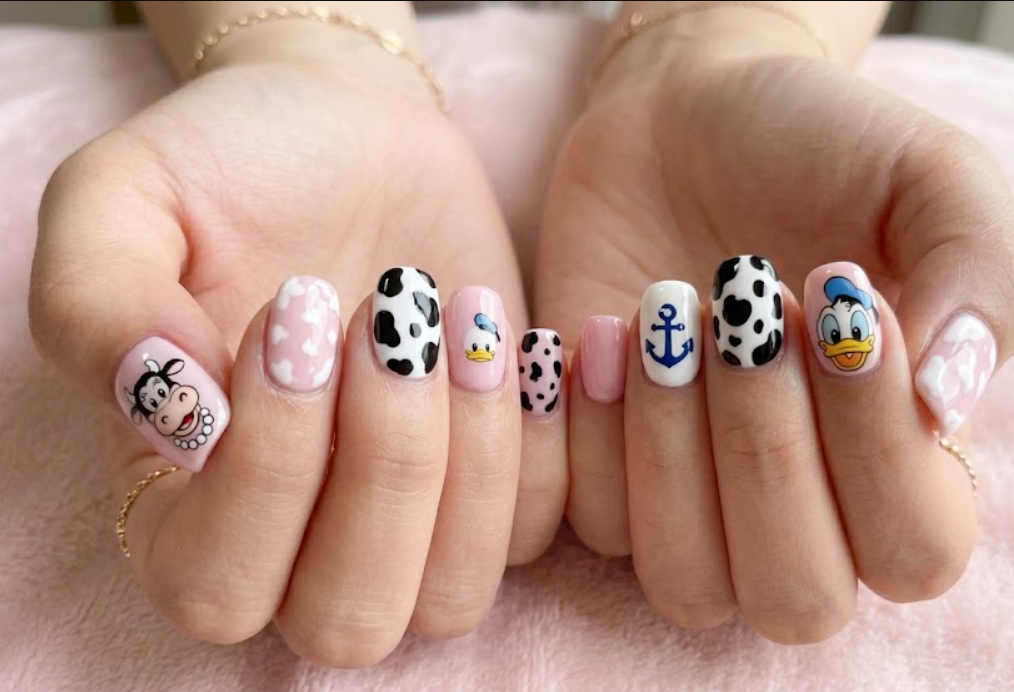 Clarabelle Cow inspired pink pastel nail design with cow-print patterns and playful cartoon styling.