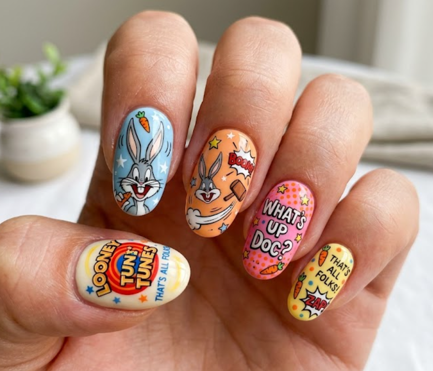 In this photo, cute Bugs Bunny Looney Tunes nail art with fun cartoon vibes.