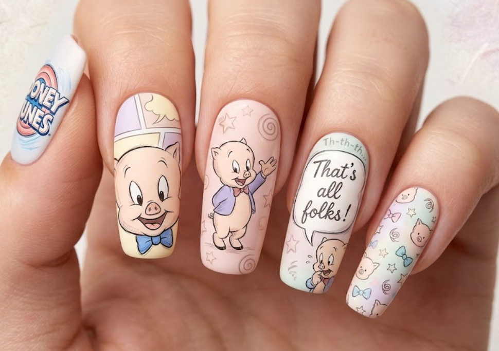 In this photo, adorable Porky Pig Looney Tunes nail art with sweet cartoon details.