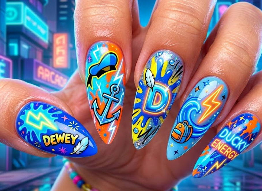 Dewey Duck inspired blue neon nail art with energetic splash patterns and vibrant cartoon-style graphics.