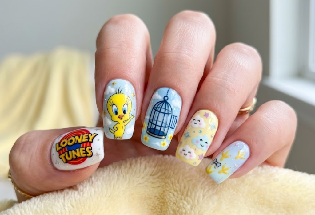 In this photo, cute Tweety Looney Tunes nail art with bright and playful cartoon vibes.
