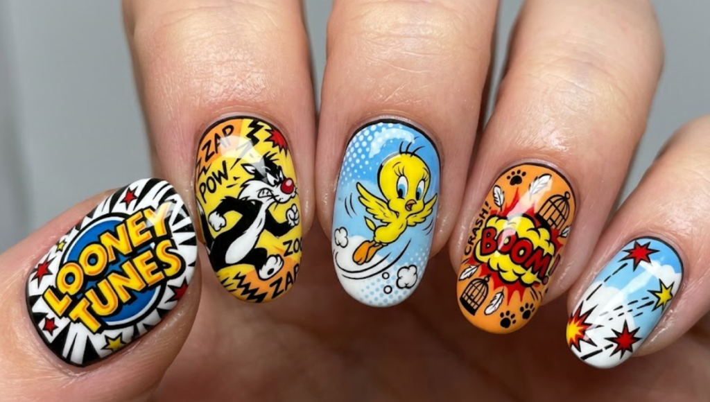 In this photo, fun Sylvester and Tweety Looney Tunes nail art with classic cartoon charm.