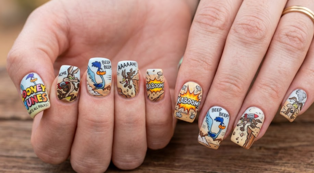 In this photo, creative Wile E. Coyote Looney Tunes nail art with fun chase-themed details.