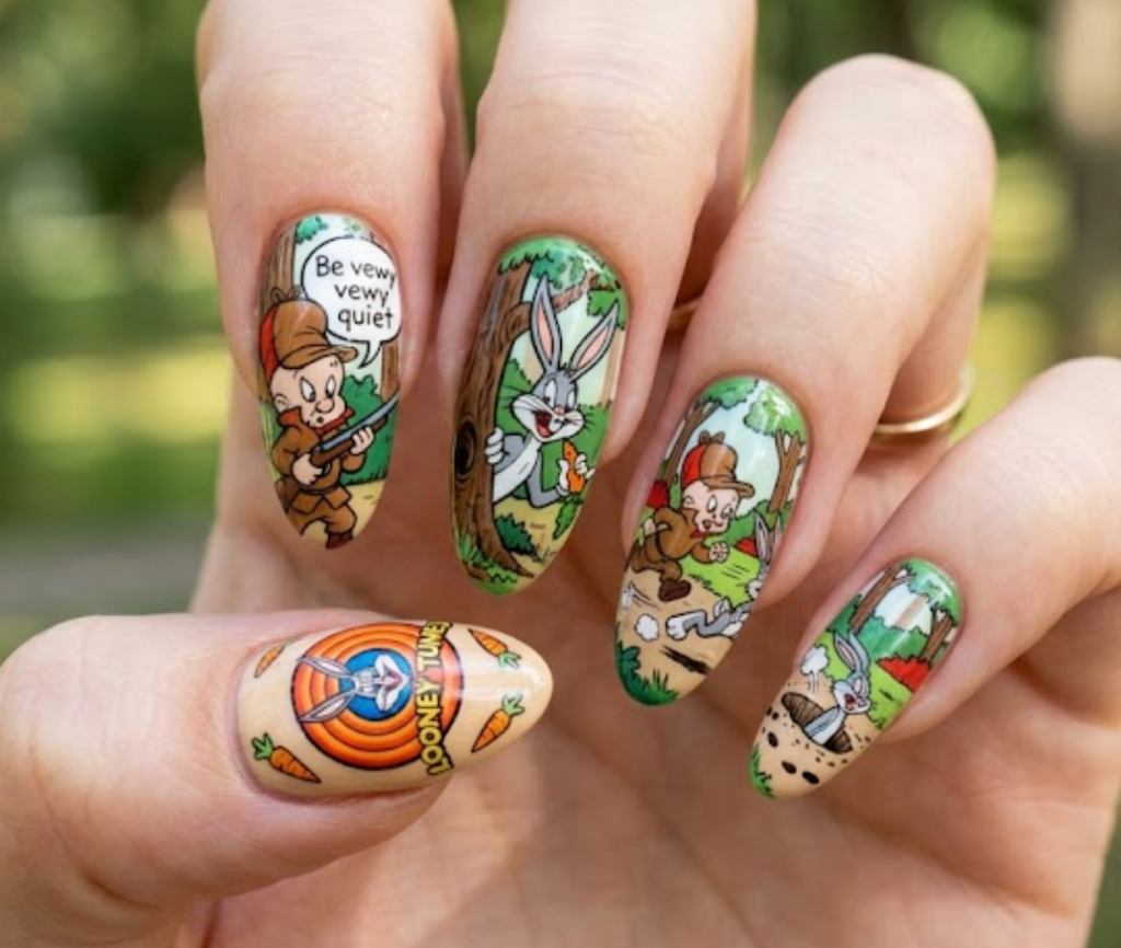 In this photo, playful Elmer Fudd Looney Tunes nail art with classic cartoon character vibes.