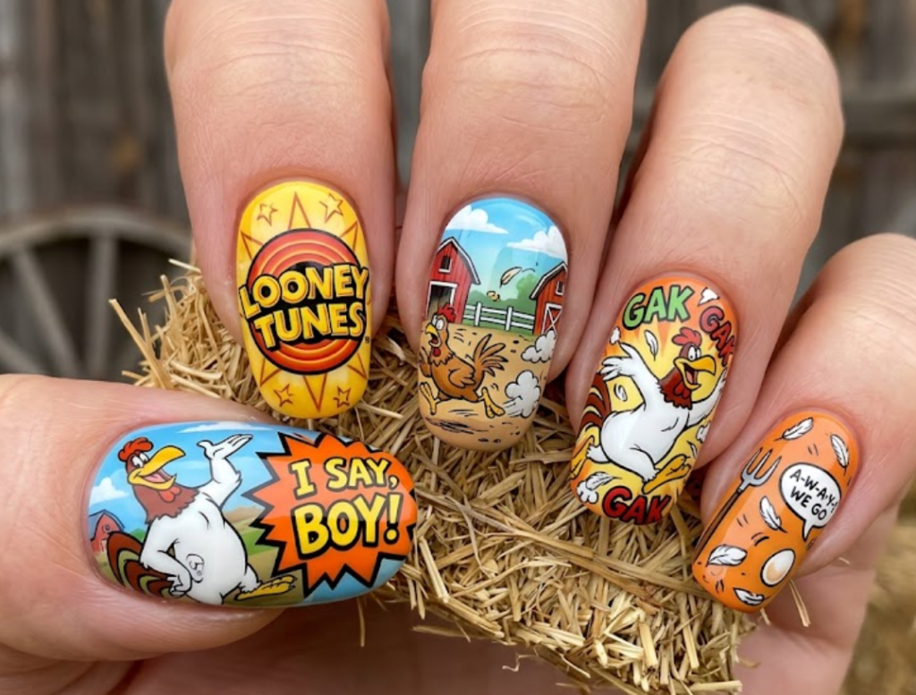 In this photo, colorful Foghorn Leghorn Looney Tunes nail art with lively cartoon flair.
