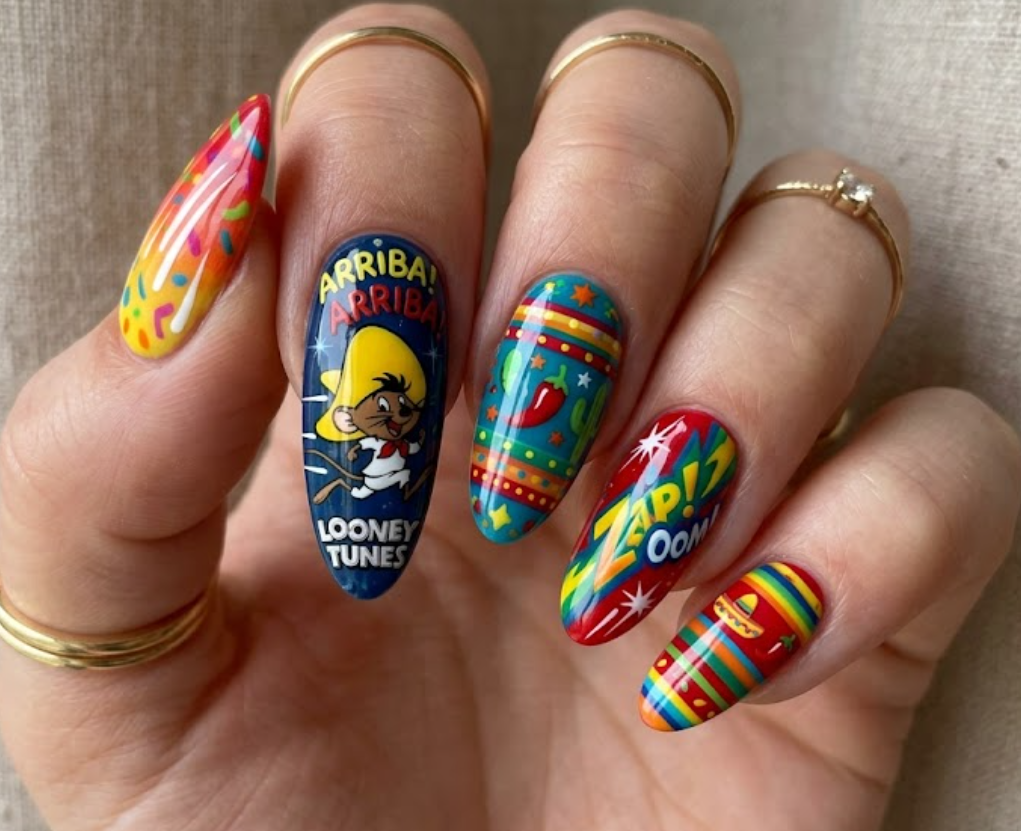 In this photo, vibrant Speedy Gonzales Looney Tunes nail art with energetic cartoon details.