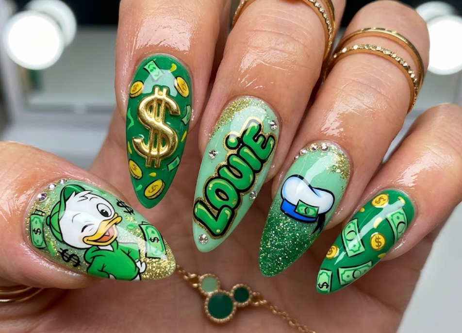 Louie Duck inspired green money-themed nail art featuring dollar signs and playful cartoon cash elements.