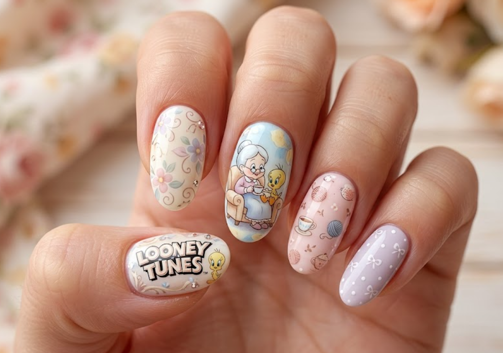 In this photo, adorable Granny and Tweety Looney Tunes nail art with cozy cartoon charm.