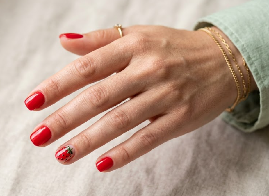 This image shows red summer nails with tiny strawberry accents on a female hand with a green sleeve.