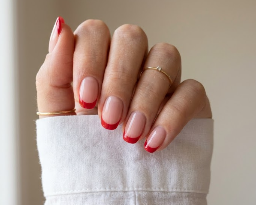 This image shows glossy red French tip nails with a subtle shine on a female hand in a white sleeve.