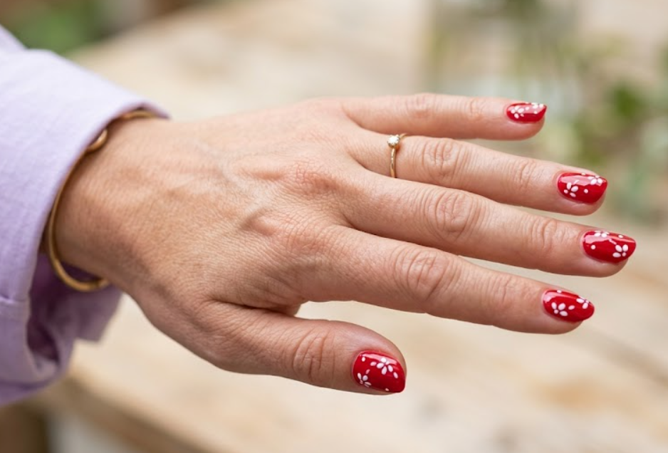 This image shows red nails with delicate white flower details on a female hand with a lavender sleeve.
