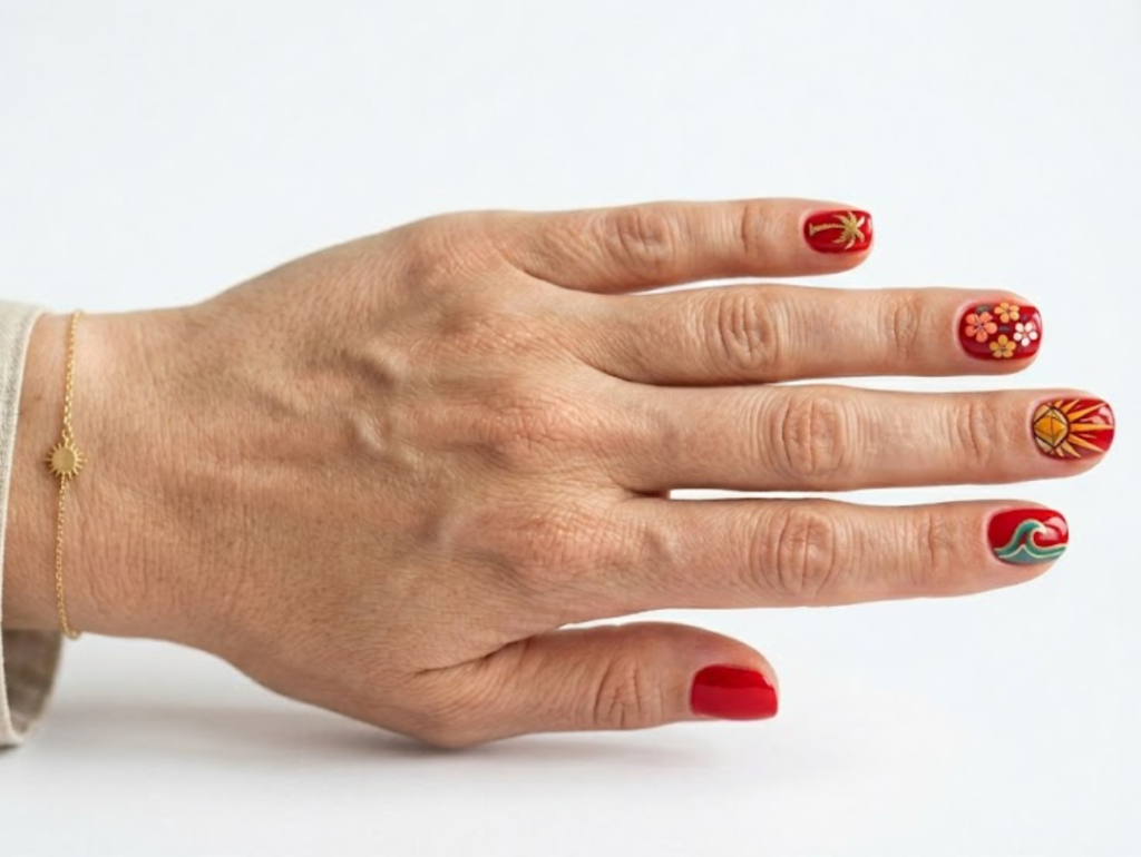 This image shows short glossy red nails with a clean minimalist look on a female hand.