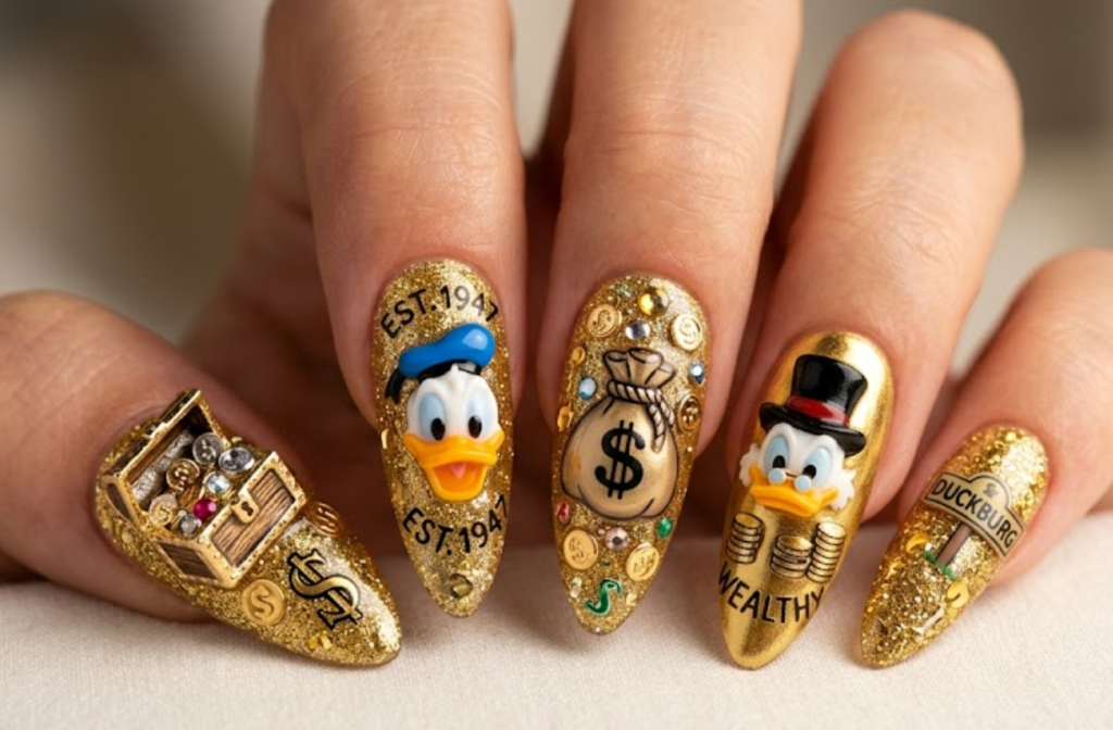 Scrooge McDuck inspired gold glitter nail design with coins, treasure details, and luxury cartoon styling.