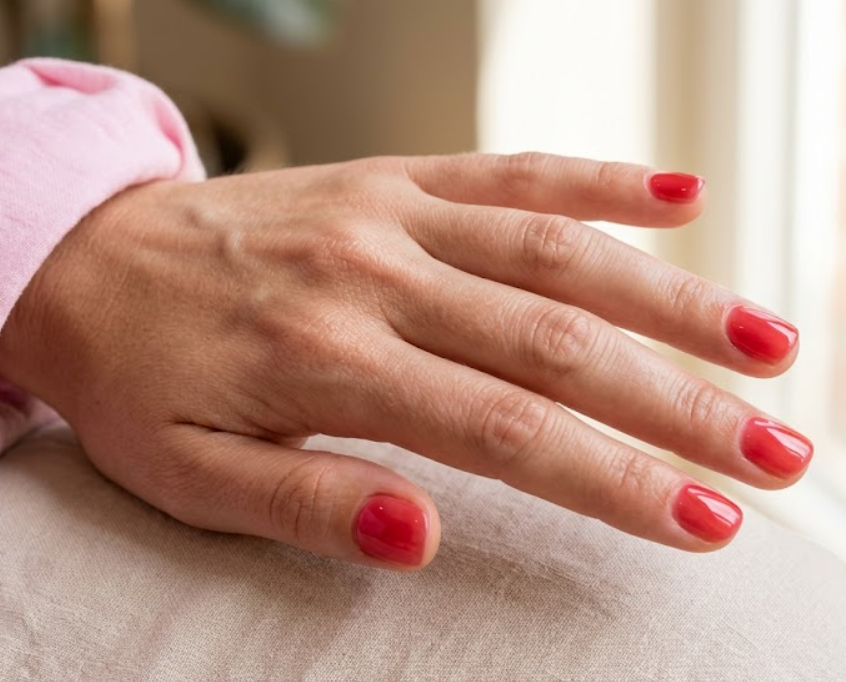 This image shows translucent red jelly nails with a glossy finish on a female hand.