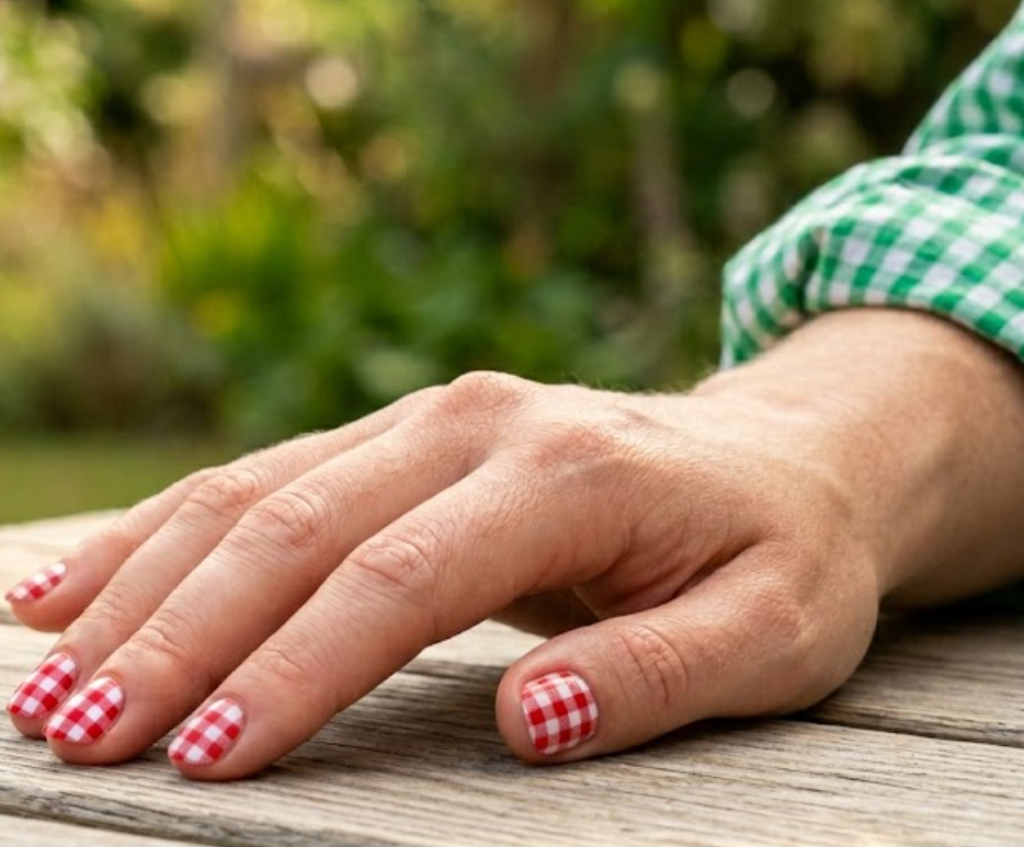 This image shows red picnic check nail art paired with simple accent nails on a female hand.
