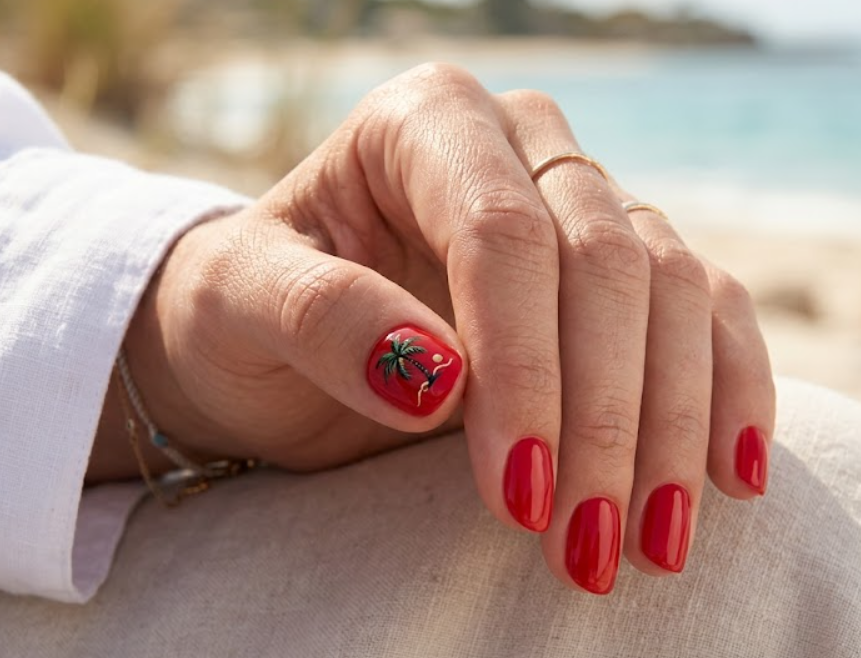 This image shows glossy red nails with a palm tree accent design on a female hand.