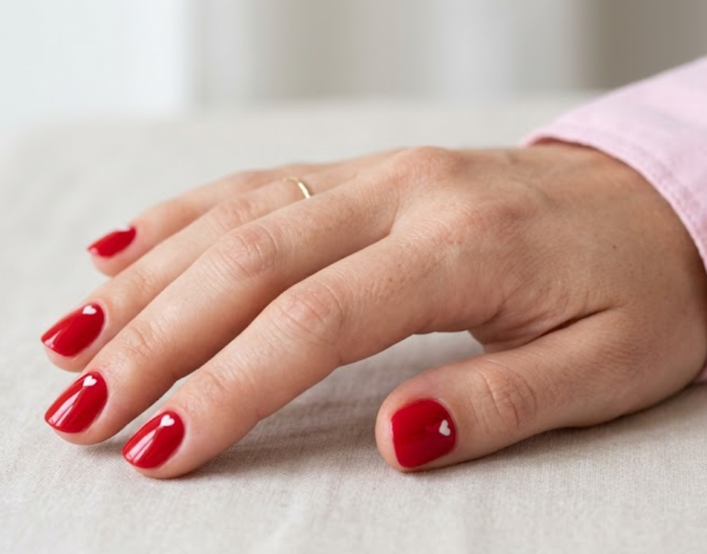 This image shows glossy red nails with tiny heart accents on a female hand in a pink sleeve.
