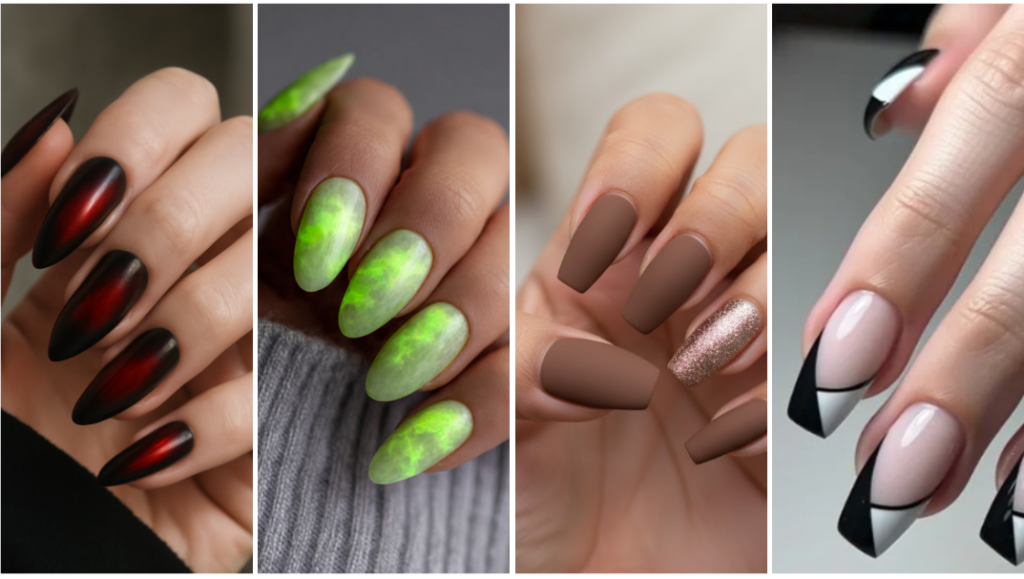Multi-colored green, brown, and black-red cat-eye effect nails paired with an abstract white nail art design.