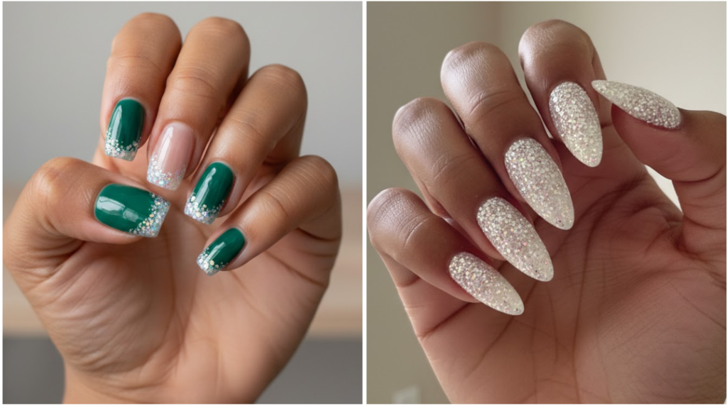 Playful rhinestone nail art with sparkly glitter details matching a casual street style outfit.