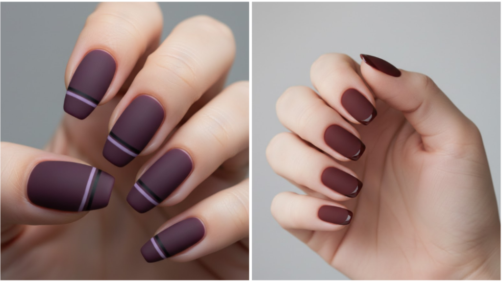 Dark velvet-effect deep matte manicure designed for a glamorous dinner outfit aesthetic.