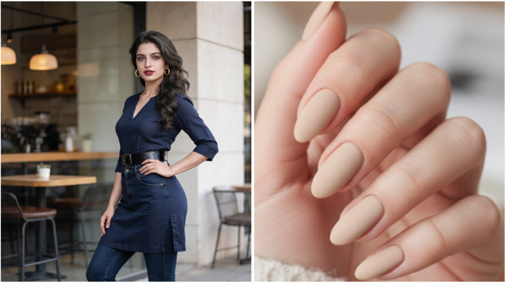 Clean nude manicure matching perfectly with an elegant dress wardrobe aesthetic.