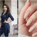 Clean nude manicure matching perfectly with an elegant dress wardrobe aesthetic.