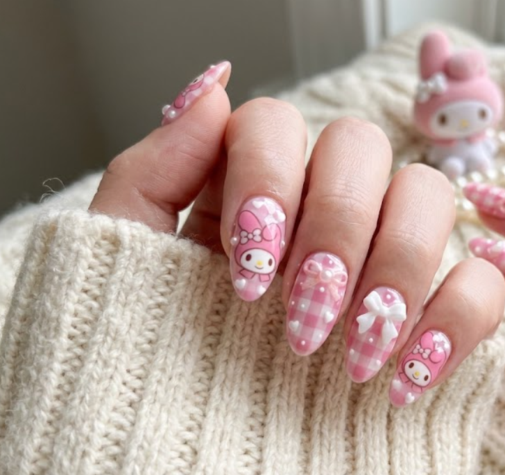 Sweet Hearts My Melody nail design with pink gingham, pearls, tiny hearts, and ribbon bows.