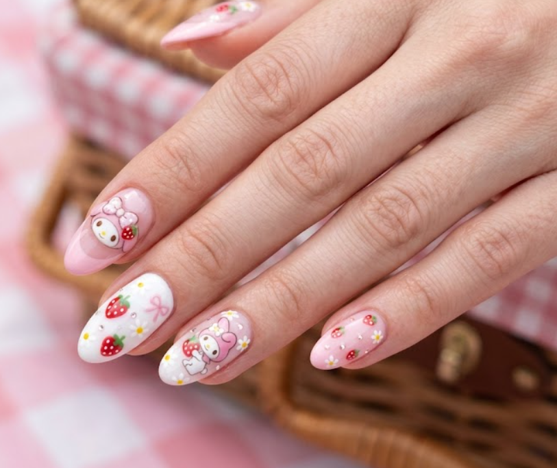 Strawberry Garden My Melody nail art featuring strawberries, daisies, and elegant French tips.