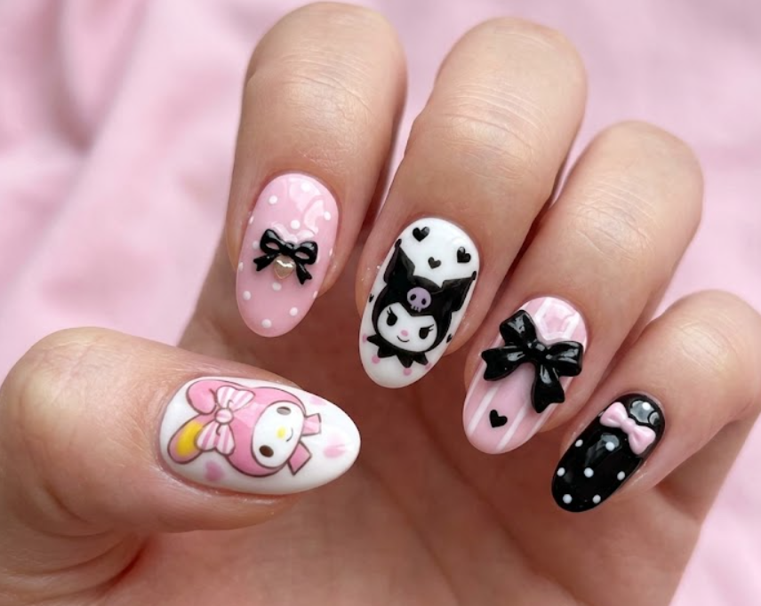 My Melody and Kuromi duo nail design with cute Sanrio-inspired character art.