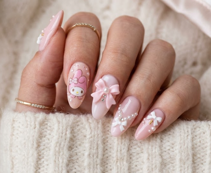 Ribbon Princess My Melody manicure with elegant bows, pearls, and soft pink accents.