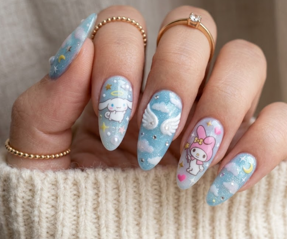 Dreamy Sky My Melody nail design with clouds, angel wings, shimmer, and pastel blue details.