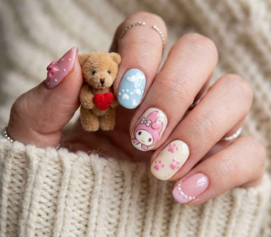Cozy Teddy My Melody nail design featuring a teddy bear and adorable paw print accents.
