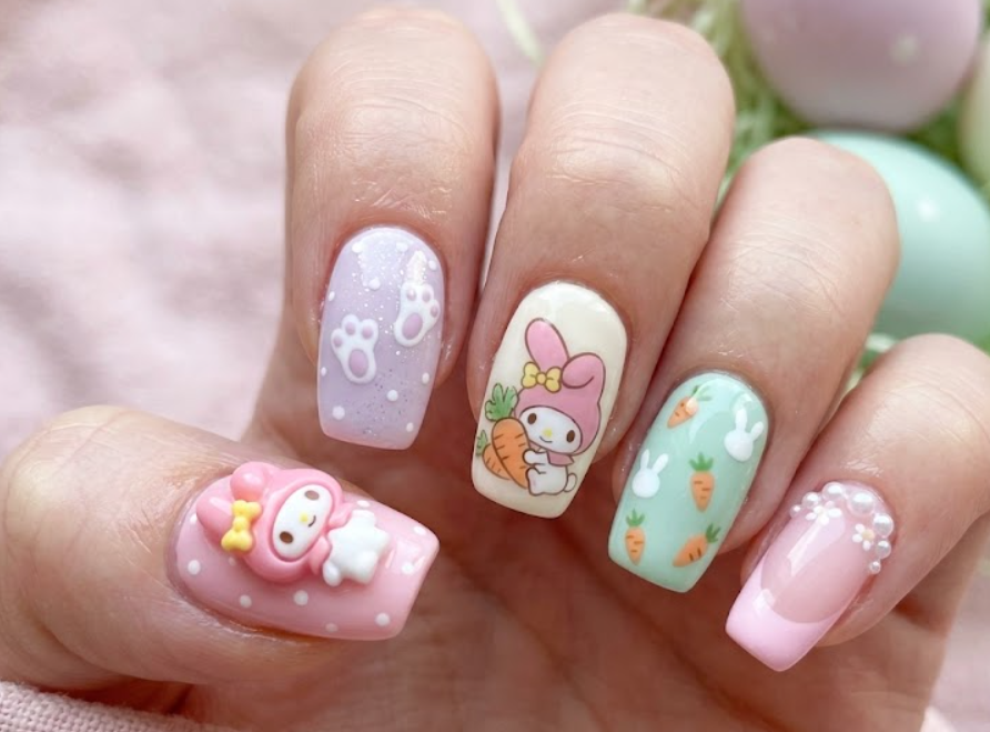 Bunny Adventure My Melody manicure with carrots, bunny footprints, and pastel Easter-inspired details.