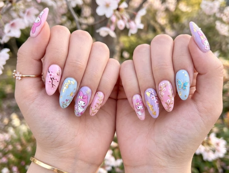 Blossom Fairy My Melody nail art with cherry blossoms, butterflies, and floral vines.
