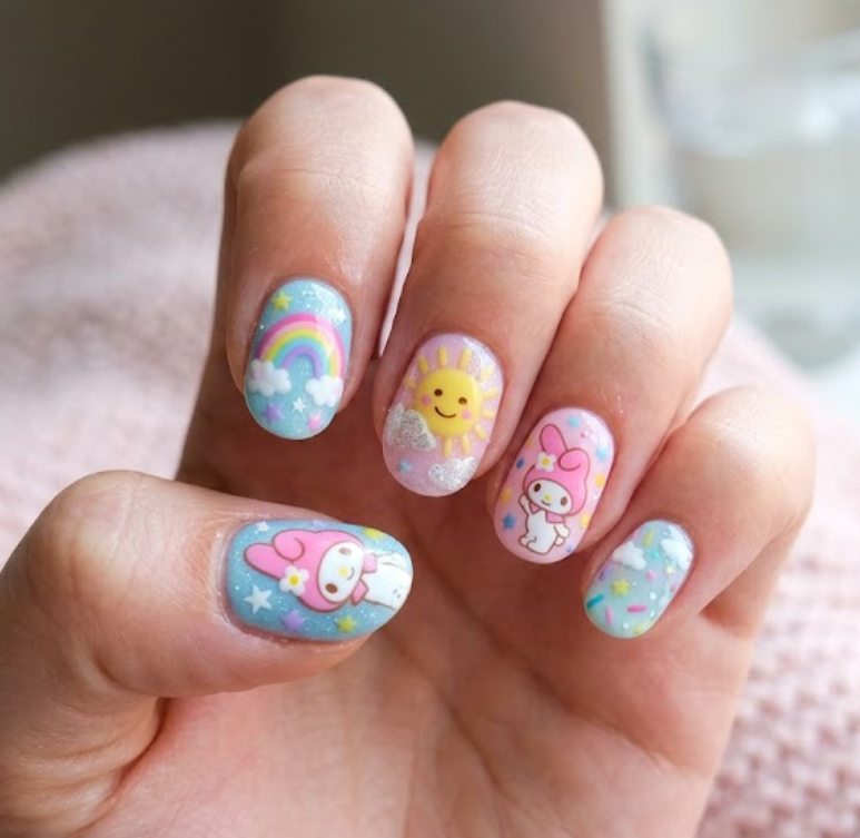 Rainbow Wishes My Melody nail art with rainbows, sunshine, clouds, and colorful stars.