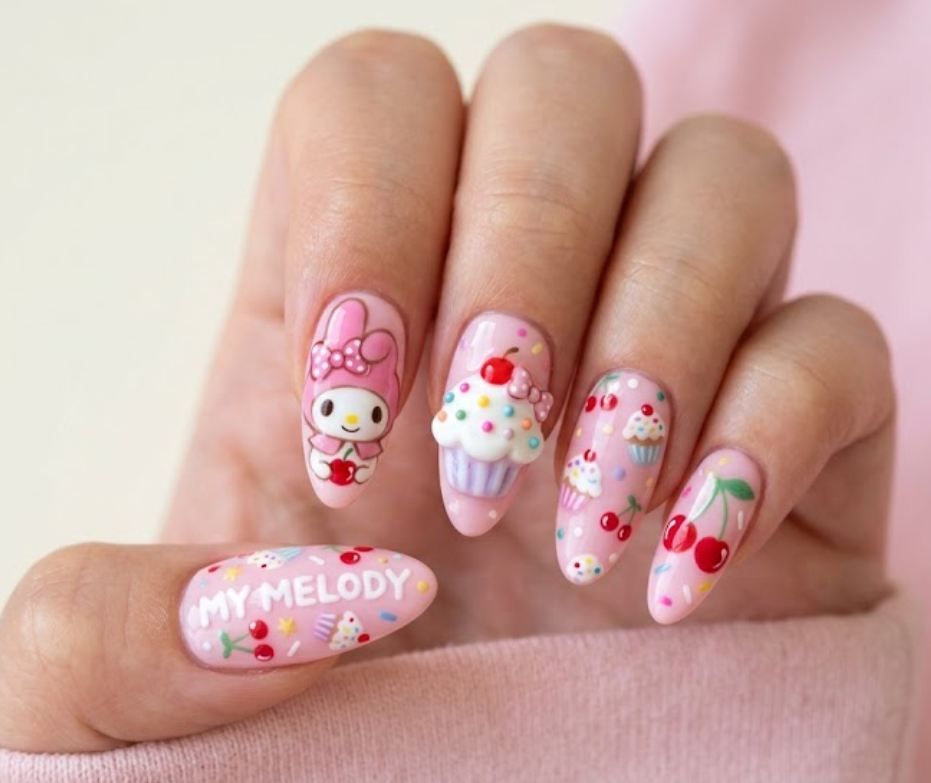 Sweet Cupcake My Melody nail design decorated with cupcakes, cherries, and colorful sprinkles.