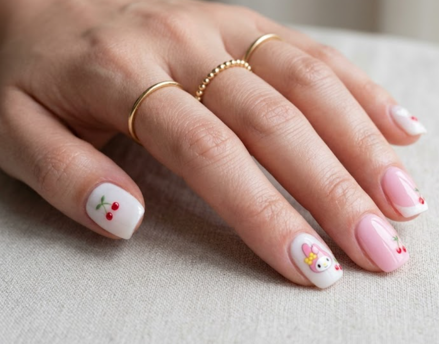 Cherry Delight My Melody manicure with minimalist cherry illustrations and clean pink accents.