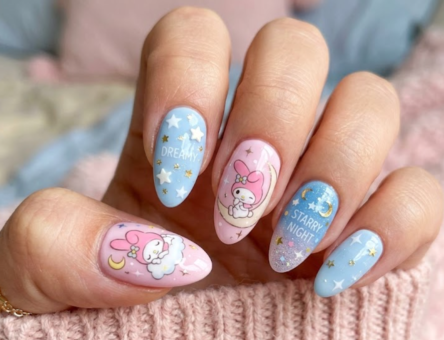 Moonlight Dreams My Melody nail art featuring a crescent moon, stars, and sleeping My Melody.
