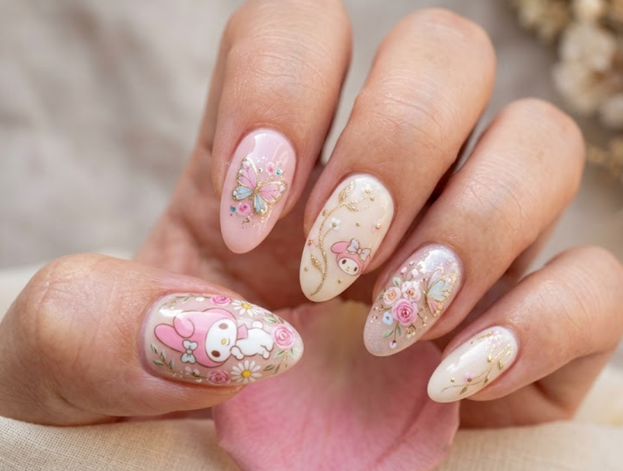 Butterfly Garden My Melody nail design with butterflies, blooming flowers, and delicate vines.