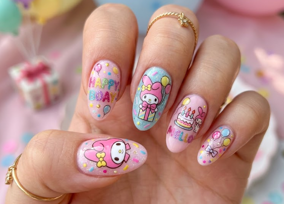 Celebration Party My Melody nail design with balloons, gift boxes, confetti, and glitter.