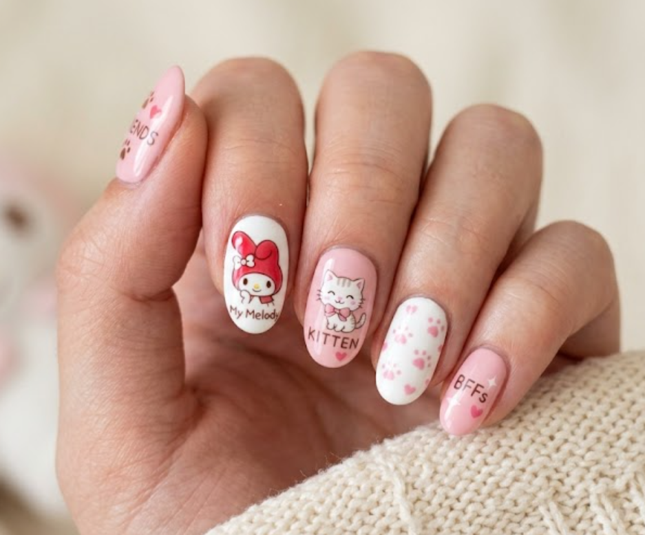 Kitty Friends My Melody nail art featuring a cute kitten, hearts, and paw print details.
