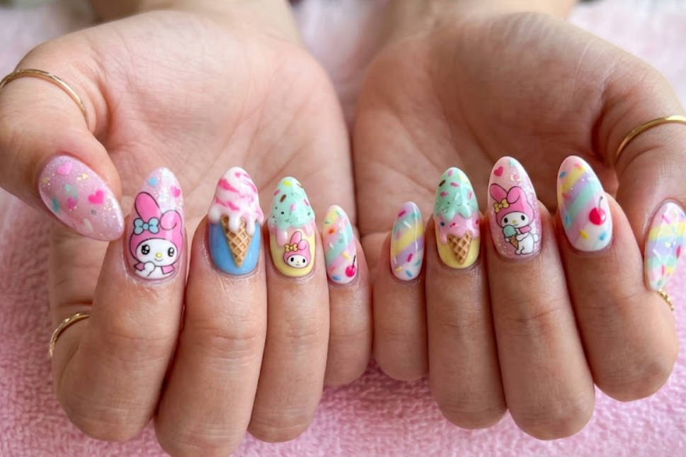Ice Cream Treat My Melody manicure featuring waffle cones and melting ice cream scoops.